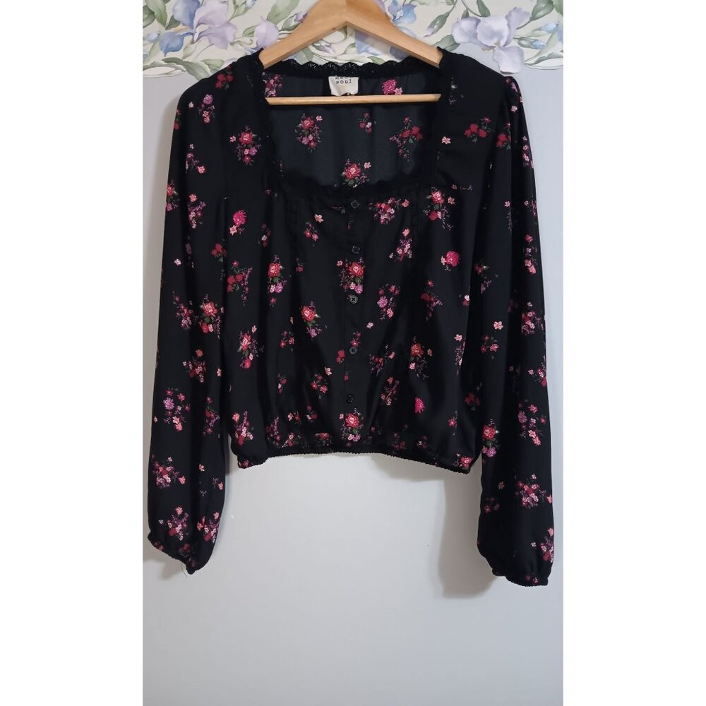 Neon Soul Black Floral L Classic Square Neck Romantic Feminine Boho Blouse